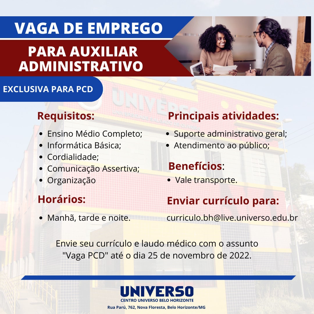 Vaga Para Auxiliar Administrativo Pcd Universo Bh